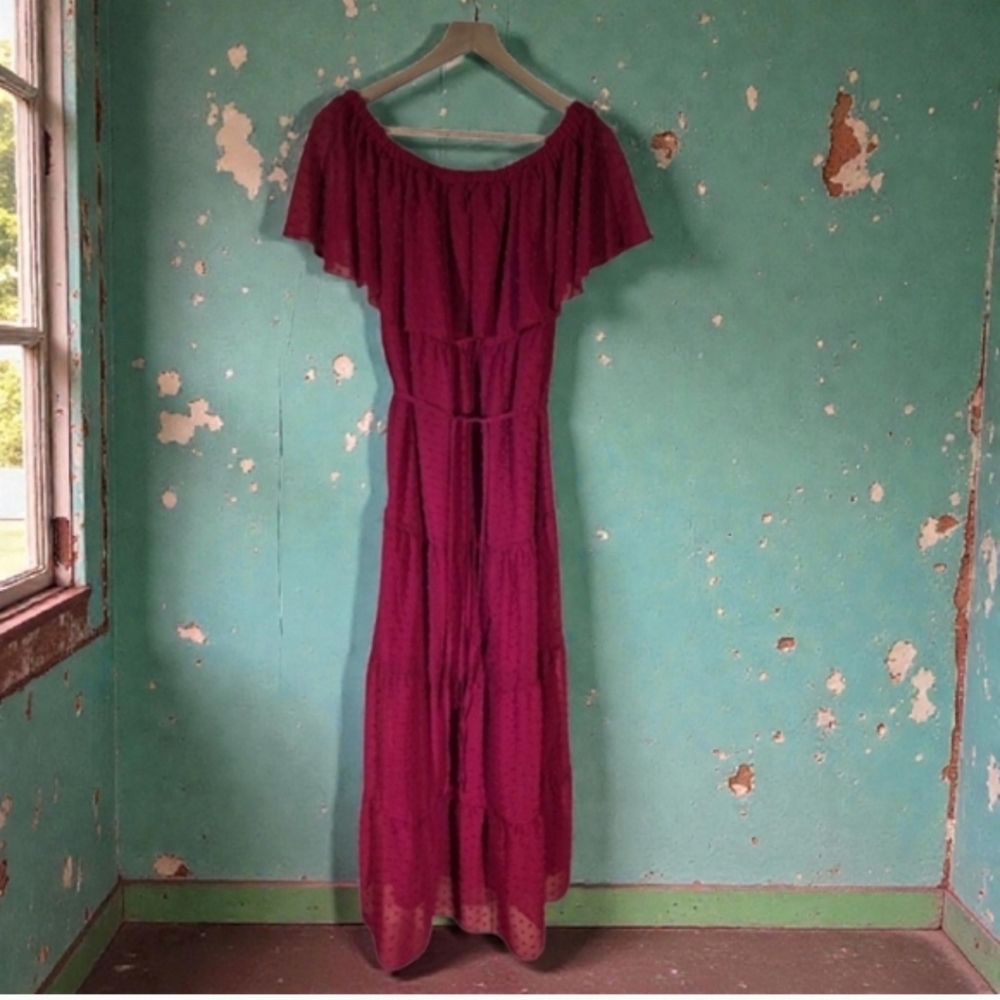 Burgandy Summer Off-Shoulder Maxi Dress Sheer - Picture 11 of 11